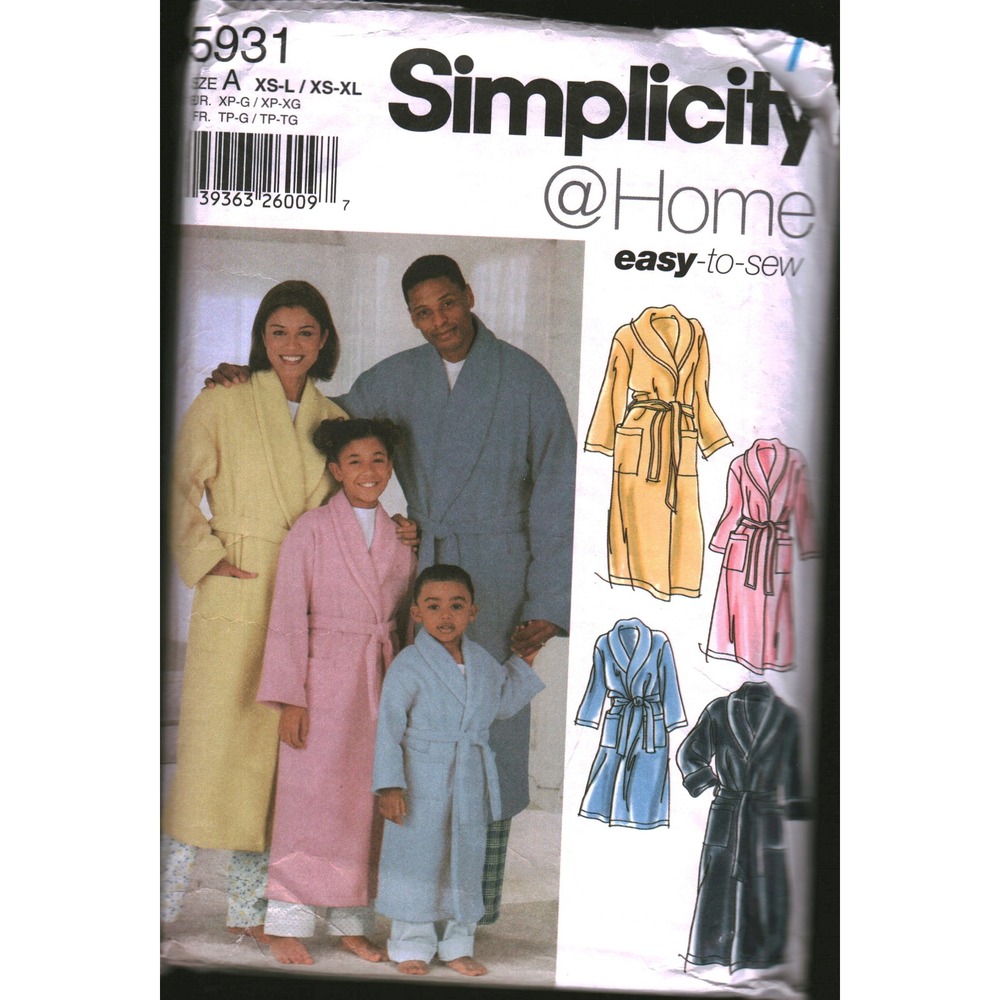 Simplicity 5931 Sewing Pattern Unisex Adult Kids Robe Belt Size XS-M Easy To Sew